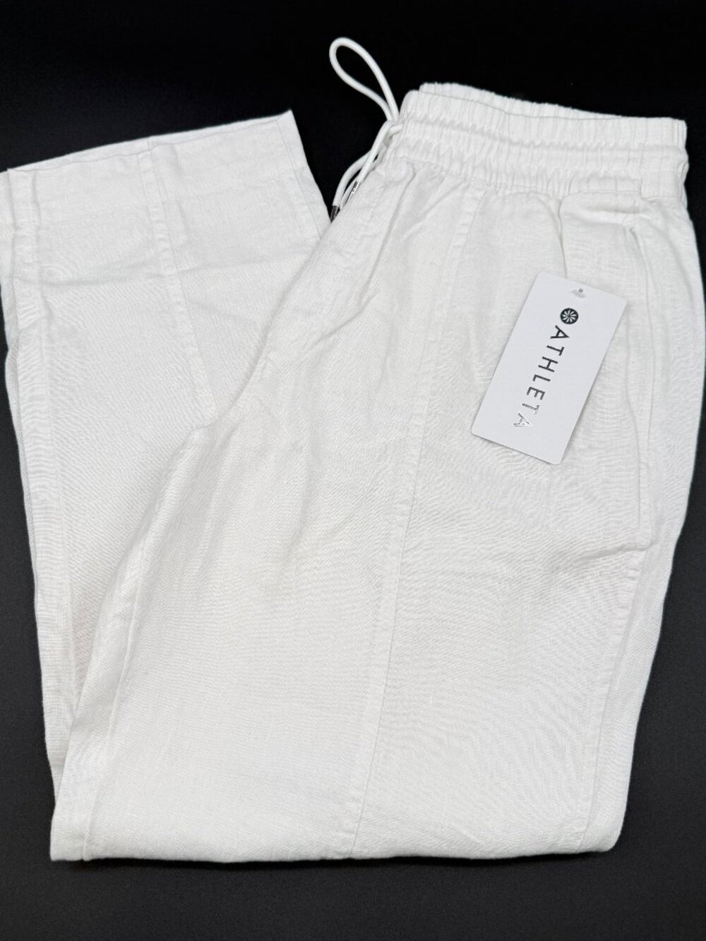 NWT Athleta Retreat Linen Ankle Pant Womens M Calla Lily Wide Leg Zip Pockets